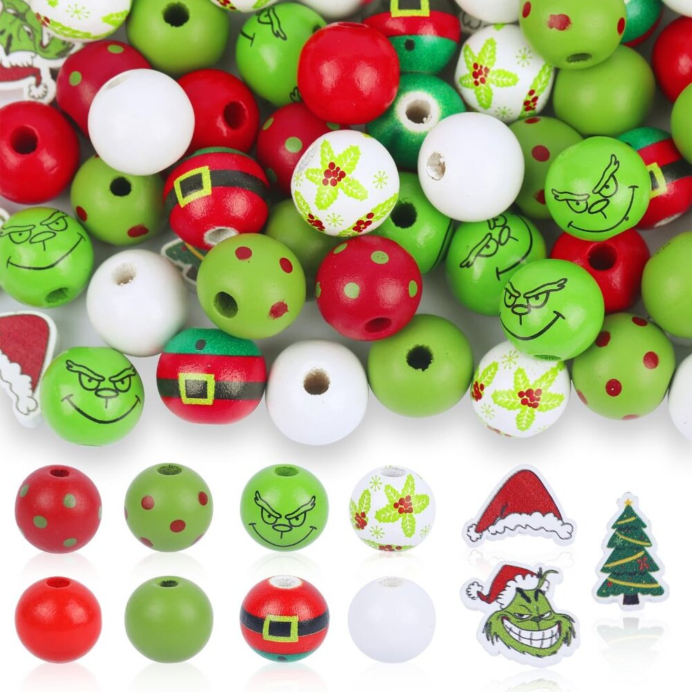 232Pcs Christmas Wooden Beads with Jute Twine Red Green round Craft Beads, NEW